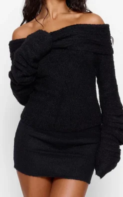 PrettyLittleThing Knitted Tops*Soft Bobble Knit Bardot Foldover Top