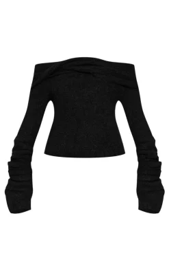 PrettyLittleThing Knitted Tops*Soft Bobble Knit Bardot Foldover Top