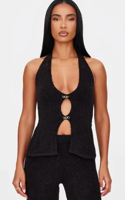 Discount PrettyLittleThing Soft Bobble Knit Gold Trim Vest Top Black