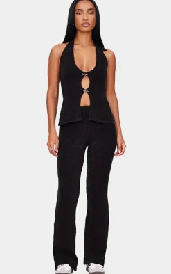 Discount PrettyLittleThing Soft Bobble Knit Gold Trim Vest Top Black