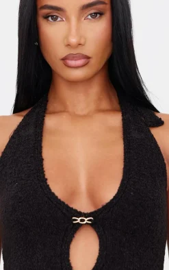 Discount PrettyLittleThing Soft Bobble Knit Gold Trim Vest Top Black