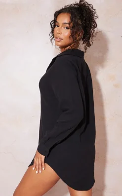 Black Soft Crinkle Oversized Beach Shirt Dress