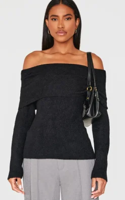 PrettyLittleThing Knitted Tops*Soft Knit Foldover Bardot Top