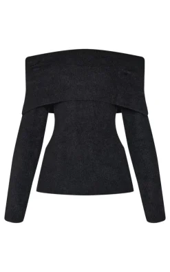 PrettyLittleThing Knitted Tops*Soft Knit Foldover Bardot Top