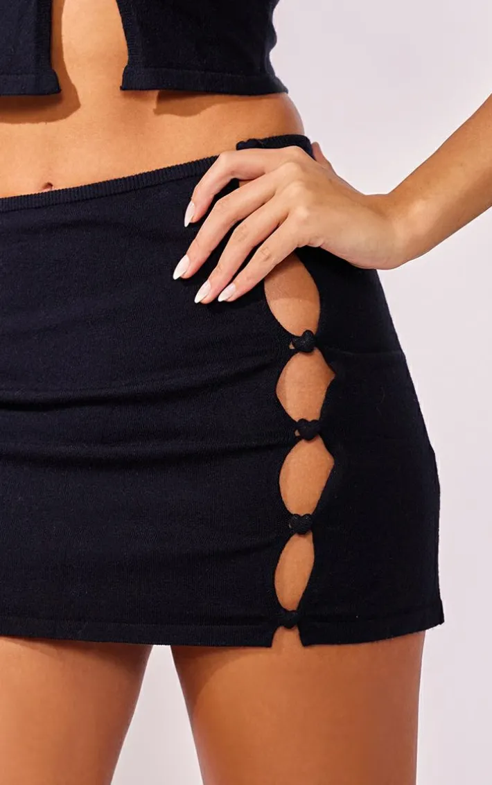 Black Soft Knit Heart Trim Tie Waist Mini Skirt