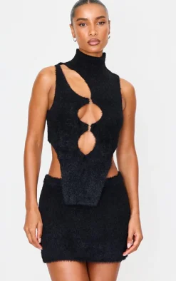 Outlet PrettyLittleThing Soft Knit O Ring High Neck Crop Top Black