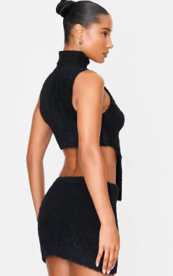 Outlet PrettyLittleThing Soft Knit O Ring High Neck Crop Top Black