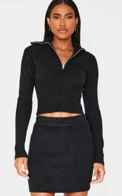 Sale PrettyLittleThing Soft Knit Zip Up Roll Neck Cropped Sweater Black