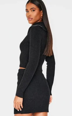 Sale PrettyLittleThing Soft Knit Zip Up Roll Neck Cropped Sweater Black