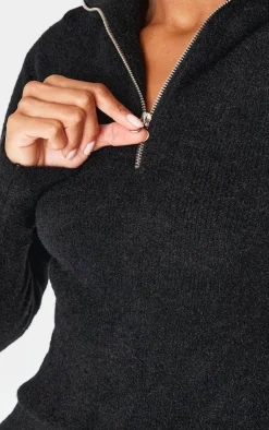 Sale PrettyLittleThing Soft Knit Zip Up Roll Neck Cropped Sweater Black