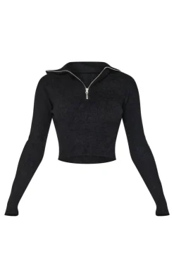 Sale PrettyLittleThing Soft Knit Zip Up Roll Neck Cropped Sweater Black