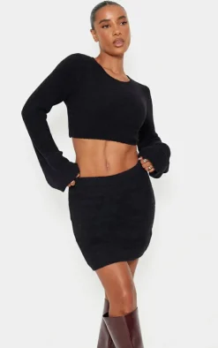Hot PrettyLittleThing Soft Knitted Mini Skirt Black
