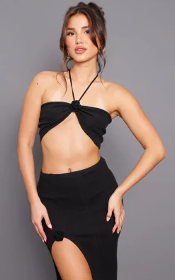 Sale PrettyLittleThing Soft Rib Knit Flower Applique Crop Top Black