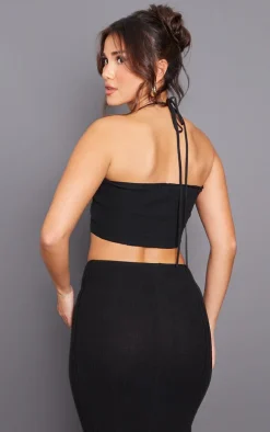 Sale PrettyLittleThing Soft Rib Knit Flower Applique Crop Top Black