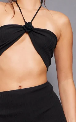 Sale PrettyLittleThing Soft Rib Knit Flower Applique Crop Top Black
