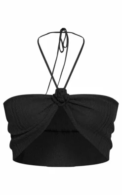 Sale PrettyLittleThing Soft Rib Knit Flower Applique Crop Top Black