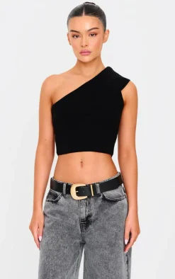 PrettyLittleThing Knitted Tops*Soft Rib Knit One Shoulder Fold Over Crop Top