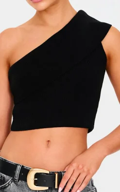 PrettyLittleThing Knitted Tops*Soft Rib Knit One Shoulder Fold Over Crop Top
