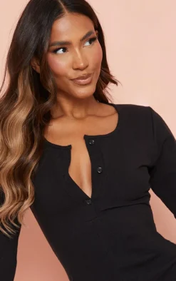 Black Soft Rib Long Sleeve Button Romper