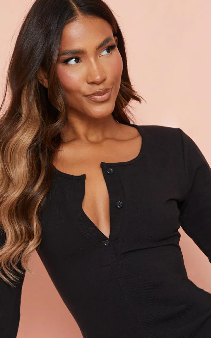 Black Soft Rib Long Sleeve Button Romper