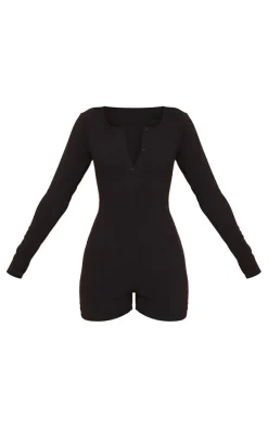 Black Soft Rib Long Sleeve Button Romper