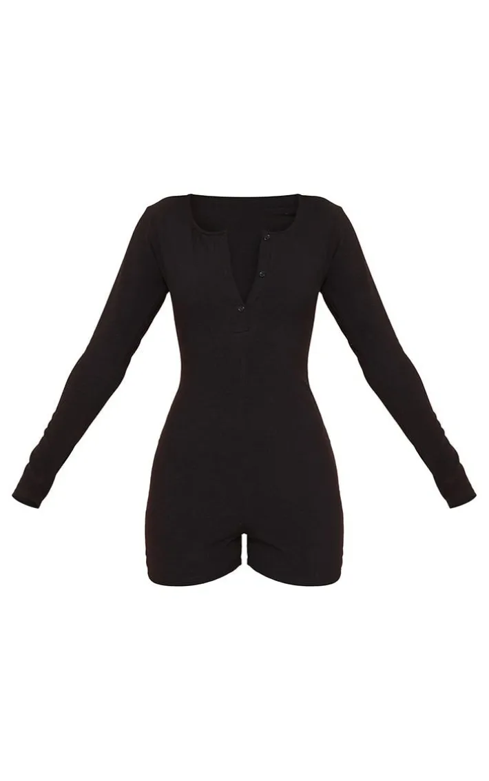 Black Soft Rib Long Sleeve Button Romper