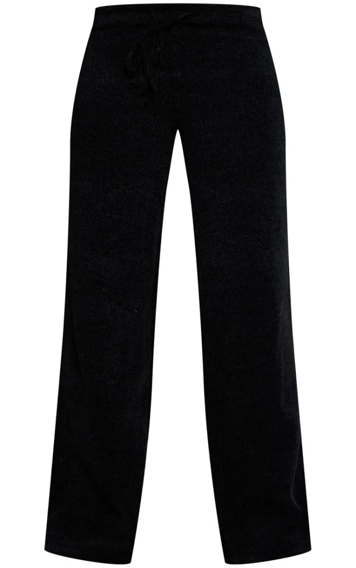 Black Soft Textured Knit Drawstring Wide Leg Pants