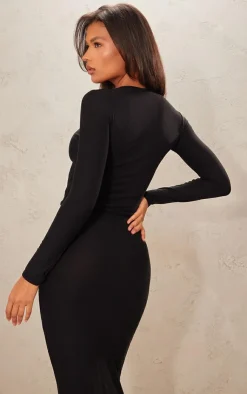 Online PrettyLittleThing Soft Touch Longline Long Sleeve Top Black