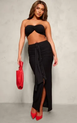 Hot PrettyLittleThing Soft Touch Ruched Knot Detail Split Leg Midaxi Skirt Black