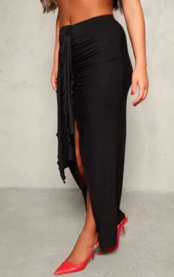 Hot PrettyLittleThing Soft Touch Ruched Knot Detail Split Leg Midaxi Skirt Black