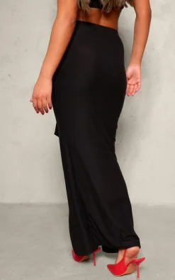 Hot PrettyLittleThing Soft Touch Ruched Knot Detail Split Leg Midaxi Skirt Black