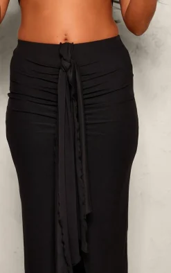 Hot PrettyLittleThing Soft Touch Ruched Knot Detail Split Leg Midaxi Skirt Black