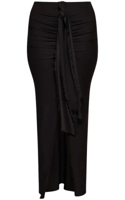 Hot PrettyLittleThing Soft Touch Ruched Knot Detail Split Leg Midaxi Skirt Black