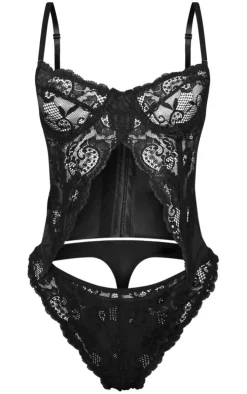 Black Split Front Detail Lace Corset Lingerie Set