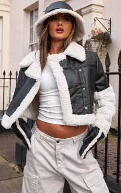 PrettyLittleThing Aviator Jackets*Statement Borg Trim Faux Leather Aviator Jacket
