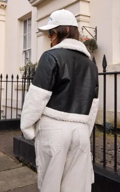 PrettyLittleThing Aviator Jackets*Statement Borg Trim Faux Leather Aviator Jacket