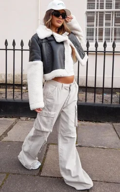 PrettyLittleThing Aviator Jackets*Statement Borg Trim Faux Leather Aviator Jacket