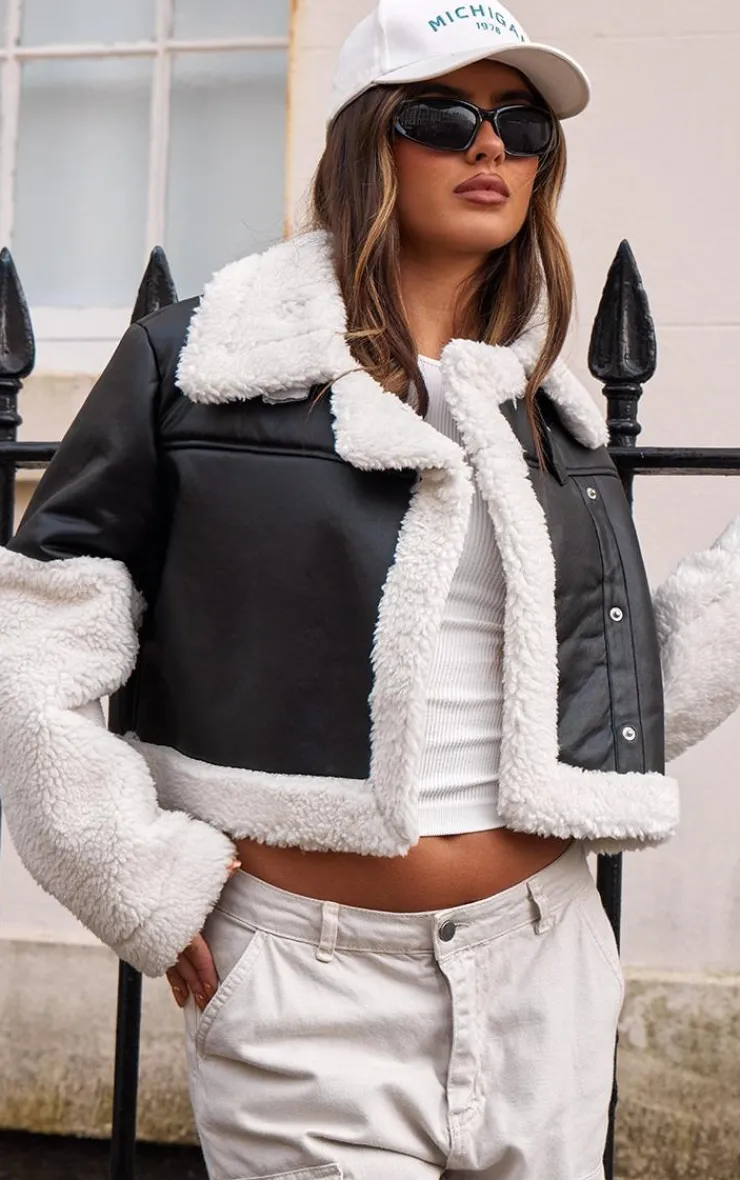 PrettyLittleThing Aviator Jackets*Statement Borg Trim Faux Leather Aviator Jacket