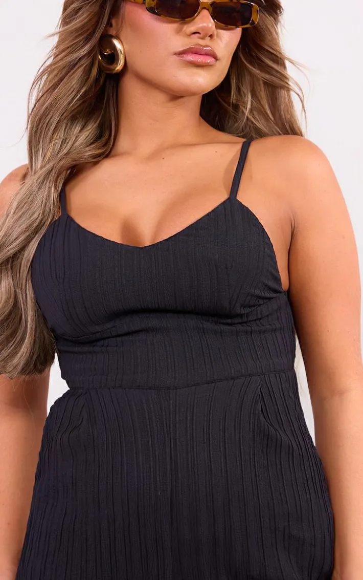 Black Strappy Textured Jumpsuit