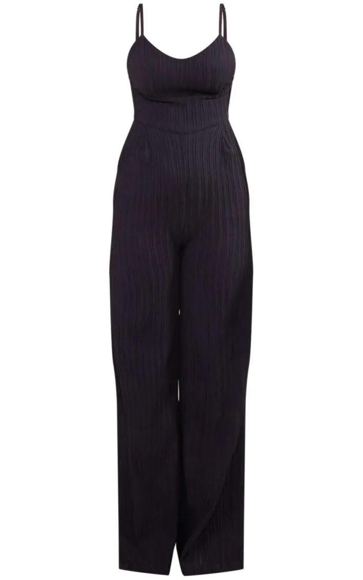 Black Strappy Textured Jumpsuit