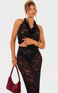 PrettyLittleThing Stretch Lace Frill Crop Top Black