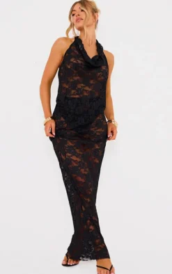PrettyLittleThing Stretch Lace Frill Crop Top Black