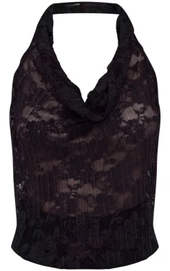 PrettyLittleThing Stretch Lace Frill Crop Top Black