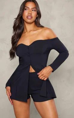 Black Stretch Woven Bardot Button Down Skort Romper
