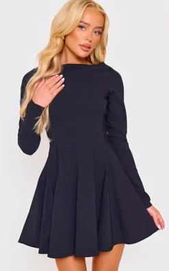 Stretch Woven Boat Neck Long Sleeve Pleated Shift Dress-PrettyLittleThing Hot