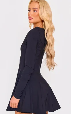 Stretch Woven Boat Neck Long Sleeve Pleated Shift Dress-PrettyLittleThing Hot