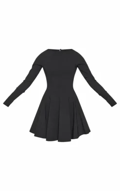 Stretch Woven Boat Neck Long Sleeve Pleated Shift Dress-PrettyLittleThing Hot