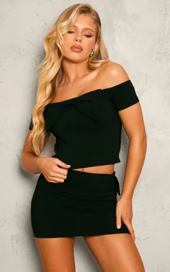 New PrettyLittleThing Stretch Woven Bow Front Off Shoulder Top Black