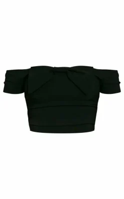 New PrettyLittleThing Stretch Woven Bow Front Off Shoulder Top Black
