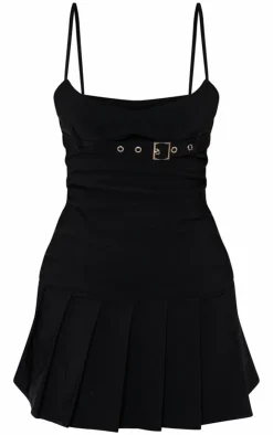Stretch Woven Buckle Pleated Shift Dress-PrettyLittleThing Outlet